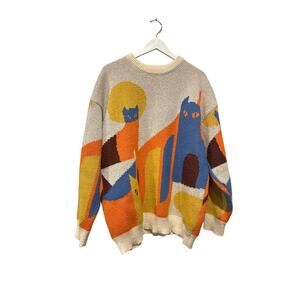 Size XL Cat Sweater Cozy Loungewear Gift Collector Blue Unique Oversized Knit